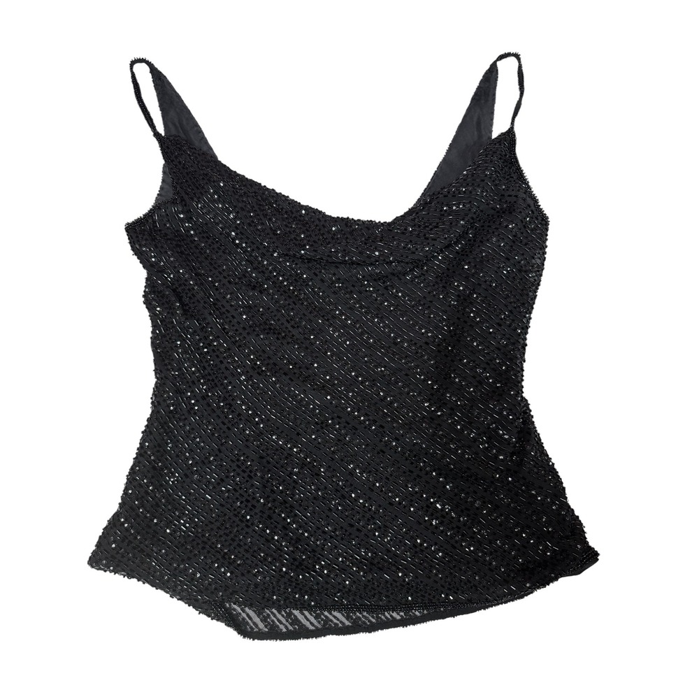 Sternay 90s Beaded Silk Cami Tank Top Cowl Neck Black Size 8